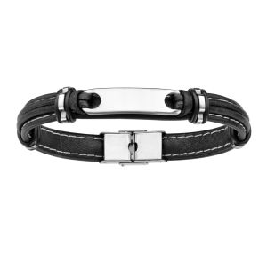 Bracelet Acier Et Cuir Bovin Noir Avec Plaque Idd 21cm Reglable